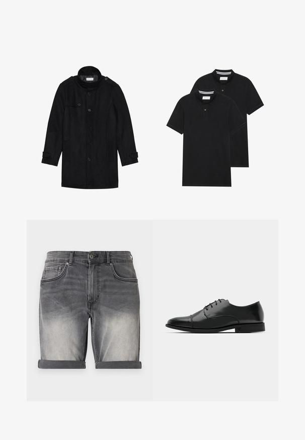 Melna vilnas mēteli ar augstu apkakli, ar pogām aizdara priekšpusi, divām sānu kabatām un pogu akcentiem uz piedurknēm. Minimālistisks dizains un gluda tekstūra.; Divas melnas polo krekli, īsām piedurknēm, no kokvilnas materiāla, ar klasisku apkakli, divu pogu aizdari un balti svītroti akcenti apkakles iekšpusē.; Faded melnā džinsu šorti ar salocītu apakšmalu, pieci kabatas un smalka izbalēšana uz priekšpuses. Klasiska pogu aizdare.; Melnas ādas vadmalas kurpes ar noapaļotu purngalu, saistījuma dizains, smalkas izšuvumu detaļas un zema papēža. Gluda tekstūra ar spīdīgu apdari.