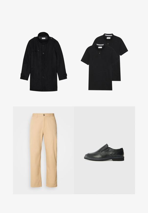 Svart ullfrakk med høy krage, knappet front, to sidelommer og knappeaksenter på ermene. Minimalistisk design og glatt tekstur.; To svarte polo skjorter, kortermet, i bomullsmateriale, med krage i klassisk stil, to-knapps knappestolpe, og hvite striper inni kragen.; Kaki bomullsbukser med rett ben-design, med frontlukkeknapp og beltehemper. Glatt tekstur og ensfarget overflate.; Sorte skinn slip-on sko med en jevn overflate, stikking detaljer, rund tå og en lav gummihæl. Sålen har minimal mønstring.