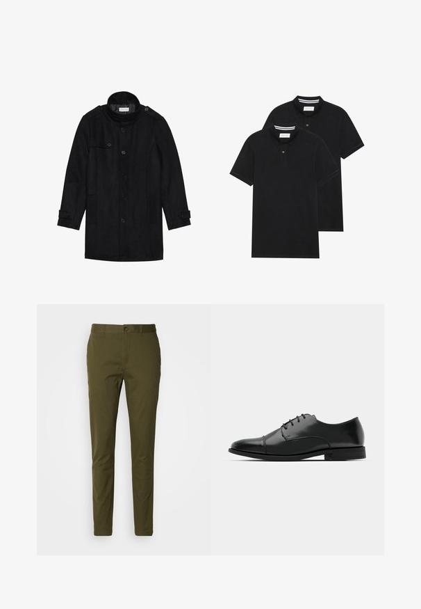 Črn volnen plašč z visokim ovratnikom, gumbom spredaj, dvema stranskima žepoma in gumbnimi akcenti na rokavih. Minimalistična zasnova in gladka tekstura.; Dve črne polo majice, kratke rokave, iz bombažnega materiala, z klasik ovratnikom, dvobodno zaponko in belimi črtkami znotraj ovratnika.; Olivno zelene hlače iz gladkega bombaža s sistemom zapiranja na gumb, slim fit krojem ter minimalnimi šivi na pasu.; Črne usnjene moške čevlje z zaobljenim nosom, s sistemom vezalk, diskretnimi šivi in nizkih petah. Gladka tekstura s sijočim zaključkom.