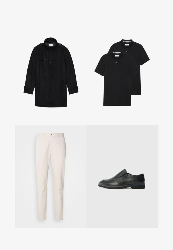 Zwarte wollen jas met een hoge kraag, knoopsluiting aan de voorkant, twee zijzakken en knoopaccenten op de mouwen. Minimalistisch ontwerp en een gladde textuur.; Twee zwarte polo shirts, met korte mouwen, van katoen, met een klassieke kraag, een knoopsluiting met twee knopen en witte gestreepte accenten aan de binnenkant van de kraag.; Scotch & Soda SEASONAL CORE STUART - Chino - highway grey; Zwarte leren instapper met een soepele bovenkant, gestikte accenten, ronde neus en een lage rubberen hak. De zool heeft minimale profiel.