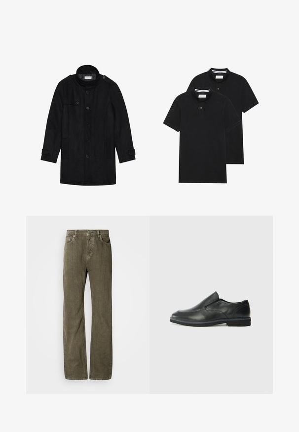 Melna vilnas mēteli ar augstu apkakli, ar pogām aizdara priekšpusi, divām sānu kabatām un pogu akcentiem uz piedurknēm. Minimālistisks dizains un gluda tekstūra.; Divas melnas polo krekli, īsām piedurknēm, no kokvilnas materiāla, ar klasisku apkakli, divu pogu aizdari un balti svītroti akcenti apkakles iekšpusē.; Olivza zaļas taisnas kājas džinsi, izgatavoti no teksturētas kokvilnas auduma. Iekļauj piecas kabatas, metāla pogu aizdari un smalkas vertikālas šuves.; Melnas ādas slip-on kurpes ar gludu augšdaļu, izšūtām akcentiem, noapaļotu purngala daļu un zemu gumijas papēdi. Zole ar minimālu rakstu.