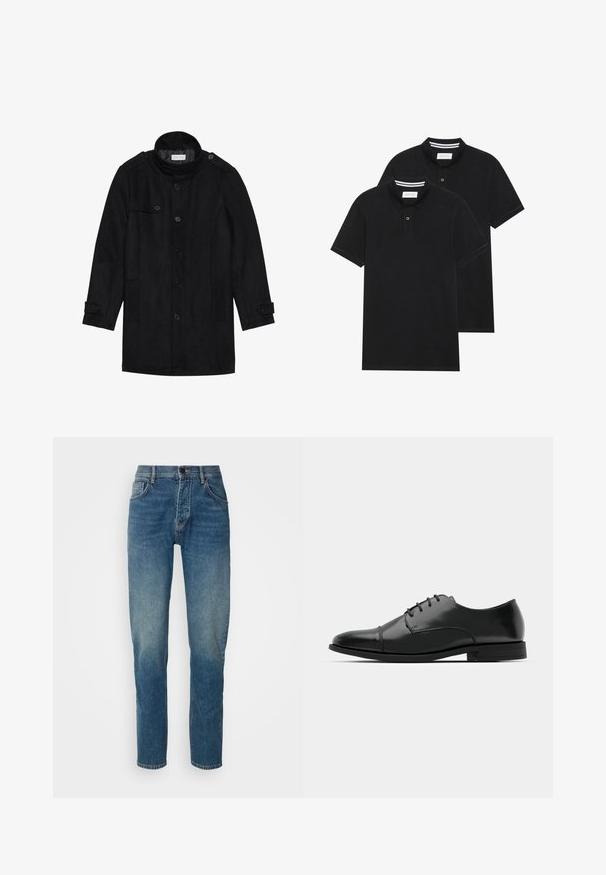 Palton negru din lână cu guler înalt, închidere prin butoane, două buzunare laterale și detalii cu butoane pe mâneci. Design minimalist și textură netedă.; Două tricouri polo negre, cu mânecă scurtă, din material de bumbac, având un guler clasic, deschidere cu două butoane și accente albe cu dungi în interiorul gulerului.; Jeans din denim de culoare albastru mediu, cu un design drept, cinci buzunare, fermoar frontal și închidere cu buton. Textură decolorată pe coapse.; Pantofii negri din piele, cu vârful rotunjit, design cu șireturi, detalii de cusătură subtile și toc joasă. Textura netedă cu un finisaj lustruit.