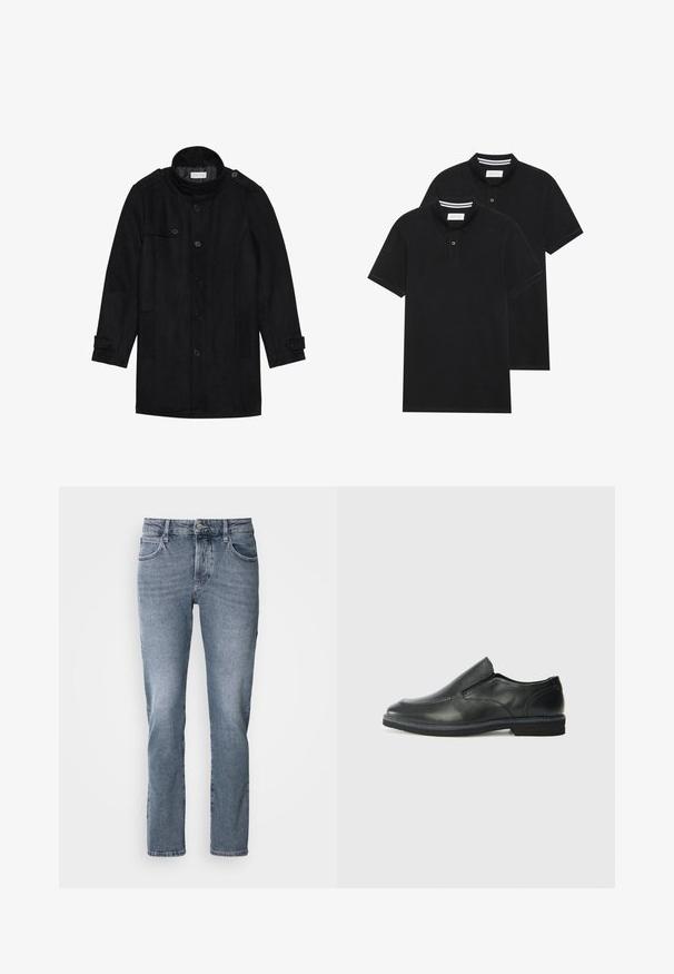 Črn volnen plašč z visokim ovratnikom, gumbom spredaj, dvema stranskima žepoma in gumbnimi akcenti na rokavih. Minimalistična zasnova in gladka tekstura.; Dve črne polo majice, kratke rokave, iz bombažnega materiala, z klasik ovratnikom, dvobodno zaponko in belimi črtkami znotraj ovratnika.; Svetlo modri kavbojki z ravnim krojem, zasnovo s petimi žepi in subtilnim bledenjem. Imajo zaponko in zanke za pas.; Črne usnjene natikače z gladkim zgornjim delom, prišitimi detajli, zaobljenim nosom in nizkim gumijastim petkom. Podplat ima minimalen profil.