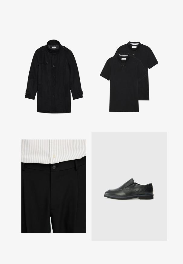 Casaco de lã preto com colarinho alto, frente de botões, dois bolsos laterais e detalhes em botão nas mangas. Design minimalista e textura suave.; Duas camisetas polo pretas, de manga curta, em material de algodão, com colarinho clássico, abertura com dois botões e detalhes em riscas brancas no interior do colarinho.; Calças pretas ajustadas com uma textura suave, fecho de botão e passadores para cinto, combinadas com uma camisa clara às riscas.; Sapato slip-on preto em pele com um upper liso, acabamentos cosidos, bico arredondado e um salto de borracha baixo. A sola apresenta um padrão de aderência mínimo.