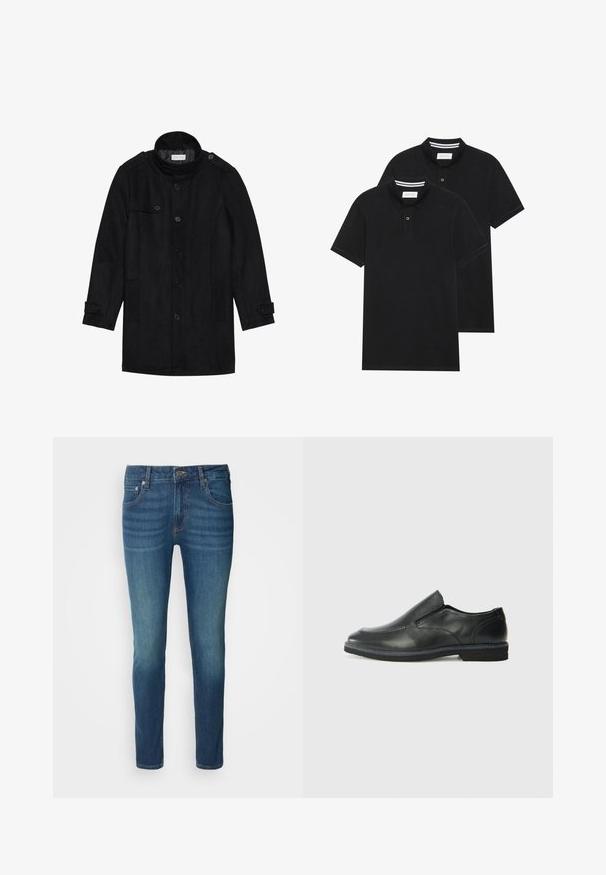 Black wool coat with a high collar, buttoned front, two side pockets, and button accents on sleeves. Minimalist design and smooth texture.; Two black polo shirts, short-sleeved, cotton material, featuring a classic collar, two-button placket, and white striped accents inside the collar.; Dark blue denim jeans with a fitted cut, featuring a classic five-pocket design, metal button closure, and light fading on the legs.; Black leather slip-on shoe with a smooth upper, stitched accents, rounded toe, and a low rubber heel. Sole features minimal tread.