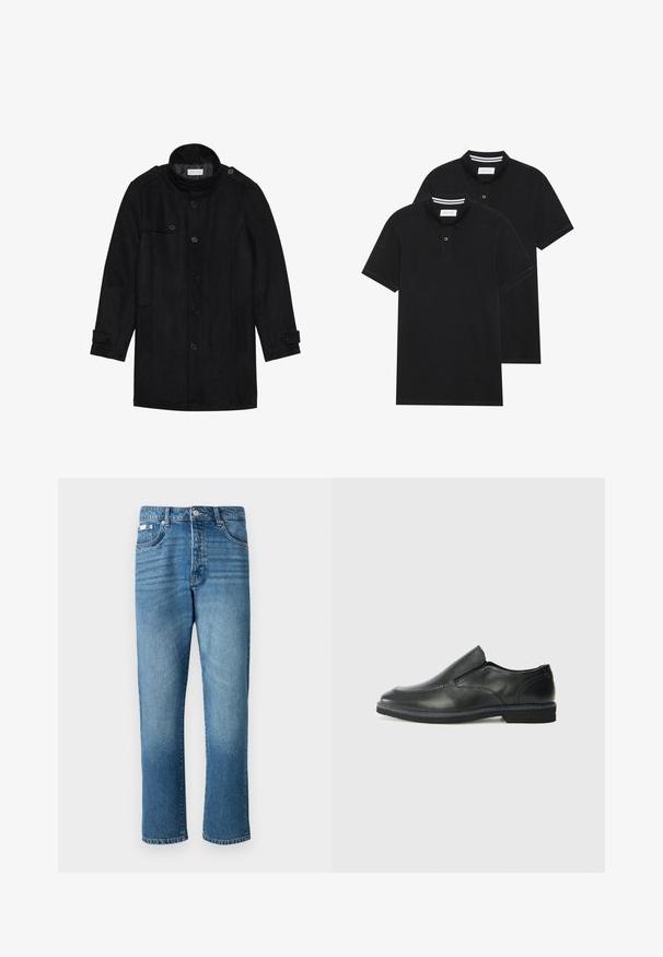 Svart ullfrakk med høy krage, knappet front, to sidelommer og knappeaksenter på ermene. Minimalistisk design og glatt tekstur.; To svarte polo skjorter, kortermet, i bomullsmateriale, med krage i klassisk stil, to-knapps knappestolpe, og hvite striper inni kragen.; Lyseblå denimbukser med rett benkutt, med knappelukking, fem lommer og subtil bleking på lårene og kanten.; Sorte skinn slip-on sko med en jevn overflate, stikking detaljer, rund tå og en lav gummihæl. Sålen har minimal mønstring.