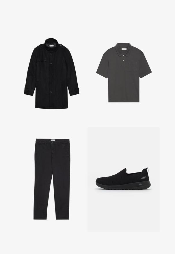 Schwarzer Wollmantel mit hohem Kragen, knöpfbarem Frontverschluss, zwei Seitentaschen und Knopfakzenten an den Ärmeln. Minimalistisches Design und glatte Textur.; Dunkelgraues Poloshirt mit traditionellem Kragen, Drei-Knopf-Leiste, kurzen Ärmeln und einer linken Brusttasche. Glatte Stoffoberfläche.; Schwarze Baumwollhose im Slim-Fit-Stil mit zwei seitlichen Taschen und einem vorderen Knopfverschluss. Strukturierter Stoff mit subtilen Details.; Schwarzer Slip-On Sneaker mit atmungsaktivem Mesh-Obermaterial, runder Zehenpartie und gepolsterter Gummisohle. Mit einem Logo an der Seite.