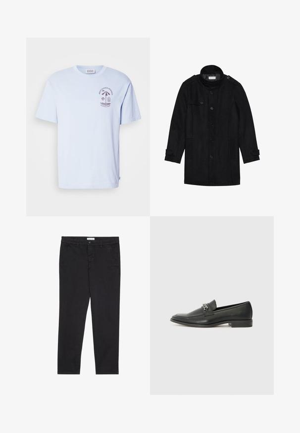 Svart ullfrakk med høy krage, knappet front, to sidelommer og knappeaksenter på ermene. Minimalistisk design og glatt tekstur.; Lyseblå bomulls-T-skjorte med rund halslinning og korte ermer. Frontgrafikken har et palmetre og strandelementer i mørkebrun.; Sorte bomullbukser med smal passform, med to sidelommer og knappelukking foran. Teksturert stoff med subtile detaljer.; Sorte skinnloafers med en glatt finish, og med en sydd design og en dekorativ metallkjedeakcent over foten. Flat hæl.