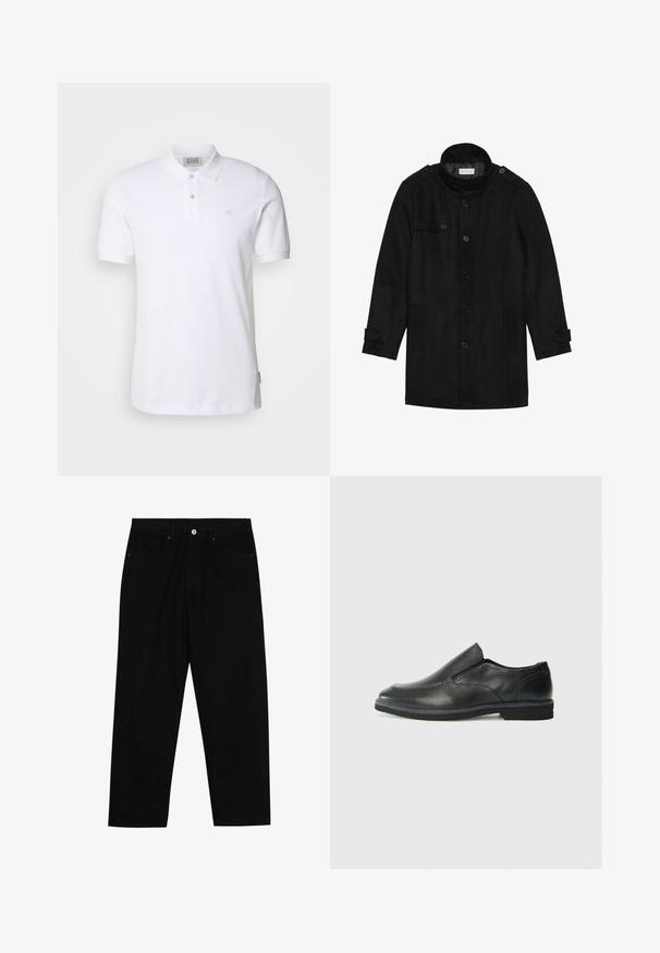 Black wool coat with a high collar, buttoned front, two side pockets, and button accents on sleeves. Minimalist design and smooth texture.; White cotton polo shirt with a classic collar, two-button placket, and a small embroidered logo on the chest. Short sleeves and straight hem.; Black denim pants featuring a straight-leg cut, five-pocket design, and a front button closure. Smooth texture with minimal stitching details.; Black leather slip-on shoe with a smooth upper, stitched accents, rounded toe, and a low rubber heel. Sole features minimal tread.