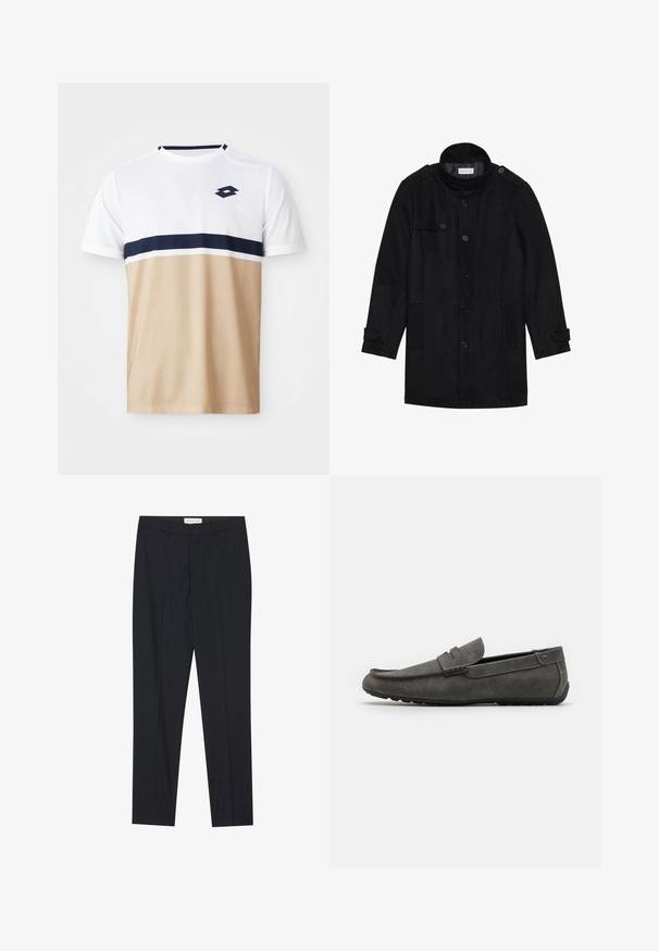 Black wool coat with a high collar, buttoned front, two side pockets, and button accents on sleeves. Minimalist design and smooth texture.; Short-sleeve athletic shirt featuring a white upper section, navy and white horizontal stripes, and a beige lower section with a textured finish.; Black tailored trousers with a flat front, regular fit, made of smooth fabric, featuring pressed pleats and side pockets.; Gray suede loafer with a rounded toe, stitched detailing, and flat rubber sole. The shoe has a smooth texture and a front strap accent.