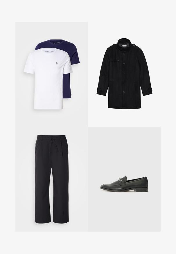 Fekete gyapjú kabát magas gallérral, gombos elülső résszel, két oldalsó zsebbel és gombdíszítéssel az ujjakon. Minimalista dizájn és sima textúra.; Két környakú póló, fehér és tengerészkék színben, pamutból készült. Mindkettő rövid ujjal rendelkezik, a fehér pólón pedig egy kis logó található a mellkason.; Széles lábú nadrág, textúrált fekete anyagból, húzózsinórral ellátott derékkal, két elülső zsebbel és egyenes vonalú dizájnnal.; Fekete bőr loaferek sima felülettel, varrott mintával és díszítő fém lánccal a cipő elején. Lapos sarok.