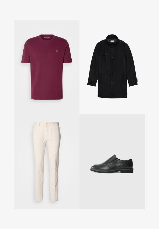 Črn volnen plašč z visokim ovratnikom, gumbom spredaj, dvema stranskima žepoma in gumbnimi akcenti na rokavih. Minimalistična zasnova in gladka tekstura.; Burgundska bombažna majica s krožnim izrezom, kratkimi rokavi in majhnim belim logotipom "M OP" na prsih. Gladka tekstura in redna prileganja.; Svetlo bež tailored hlače narejene iz mehkega blaga. Imajo gumb zapiranje, zanke za pas in tanek, ravno krojen dizajn z minimalno teksturo.; Črne usnjene natikače z gladkim zgornjim delom, prišitimi detajli, zaobljenim nosom in nizkim gumijastim petkom. Podplat ima minimalen profil.