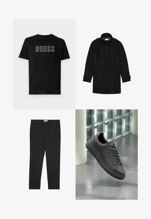 Melna vilnas mēteli ar augstu apkakli, ar pogām aizdara priekšpusi, divām sānu kabatām un pogu akcentiem uz piedurknēm. Minimālistisks dizains un gluda tekstūra.; Melnas kokvilnas T-krekls ar "GUESS" logotipu baltā krāsā un tekstu "EST 1981 CLASSIC AMERICAN STYLE" zem tā. Īsas piedurknes, apaļa kakla izgriezuma forma.; Melni kokvilnas bikses ar šauru piegriezumu, kurām ir divas sānu kabatas un priekšējā pogu aizdare. Tekstūrēta auduma ar smalku detalizāciju.; Melni ādas sporta apavi ar gludu virsmu, apaļiem pirkstiem, teksturētām apdares daļām un saistīšanas dizainu. Logo attēlots uz valnīša.