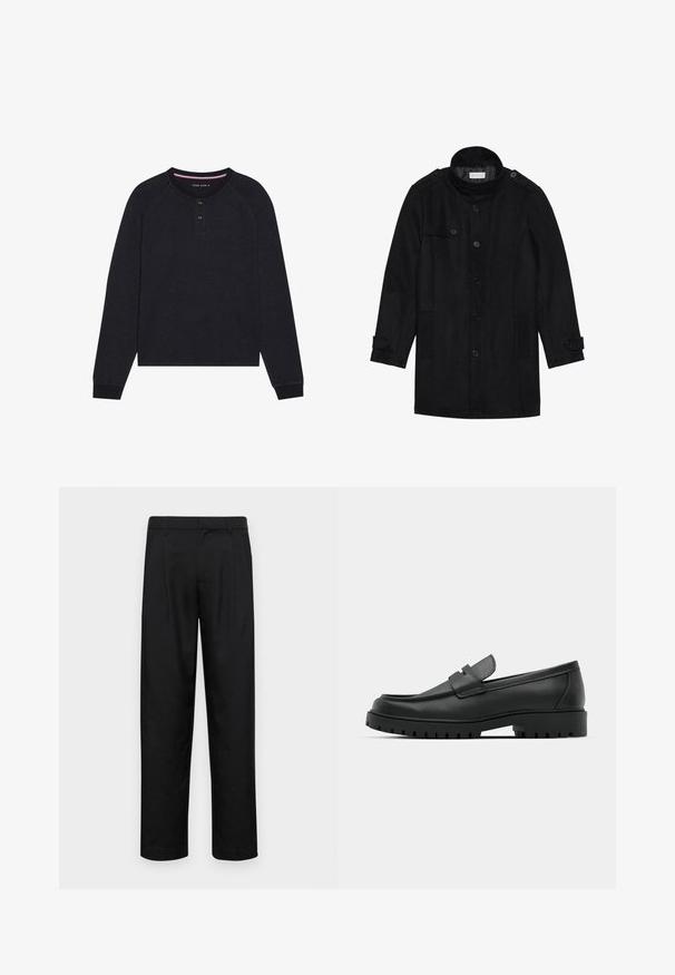 Schwarzer Wollmantel mit hohem Kragen, knöpfbarem Frontverschluss, zwei Seitentaschen und Knopfakzenten an den Ärmeln. Minimalistisches Design und glatte Textur.; Schwarzes Langarm-Henley-Shirt mit Rundhalsausschnitt, zwei Knöpfen und Raglanärmeln. Der Stoff erscheint weich mit einer strukturierten Oberfläche.; Schwarze Hose aus glattem Stoff, mit geradem Bein Design, zwei vorderen Falten und einem Standardbund mit Gürtelschlaufen.; Schwarze Lederloafer mit runder Zehenform, ausgestattet mit einem gesteppten Design, niedrigem Plattformsohle und einer strukturierten, genoppten Gummisohle.
