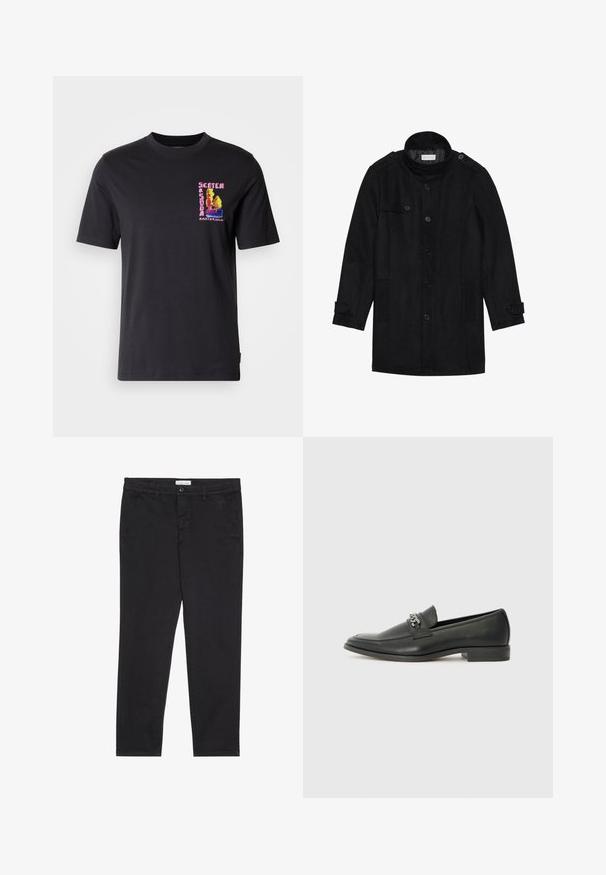 Cappotto in lana nera con colletto alto, chiusura frontale con bottoni, due tasche laterali e dettagli con bottoni sulle maniche. Design minimalista e texture liscia.; T-shirt nera a maniche corte con un colorato ricamo sul lato sinistro del petto che riporta la scritta "Scotch Amsterdam." Tessuto in cotone morbido.; Pantaloni neri in cotone con vestibilità slim, dotati di due tasche laterali e chiusura anteriore con bottone. Tessuto testurizzato con dettagli sottili.; Mocassino in pelle nera con finitura liscia, caratterizzato da un design cucito e da un accento decorativo in catena metallica sul vamp. Tacco piatto.