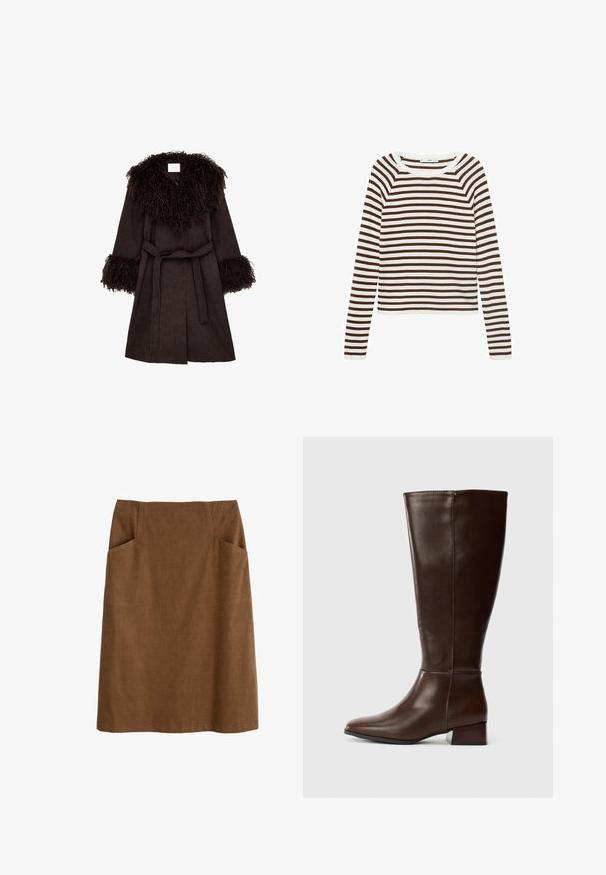 Manteau marron avec un col et des poignets en fourrure noire douce et texturée, taille ceinturée, et un design de corps doux et lisse.; Un haut à manches longues avec des rayures horizontales marron et blanches, fabriqué dans un tissu doux avec un col rond et une coupe ajustée.; Chemise blanche à manches longues, à boutons, avec col et poche poitrine unique, ourlet légèrement incurvé, présentée sur un fond blanc.; Jupe en coton brun avec une taille ajustée, deux poches latérales et une coupe droite. Le tissu a une texture douce et un subtil éclat.; Botte en cuir brun foncé, haute, avec un petit talon bloc et une finition lisse, vue de profil sur fond blanc.