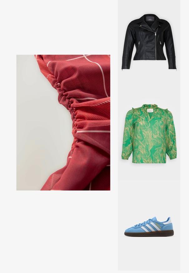 Giacca da motociclista in pelle nera con taglio aderente, rever a punta, due tasche frontali con zip e dettagli testurizzati sulle spalle.; Blusa verde con motivo a foglie in beige, con scollo arricciato e maniche lunghe, realizzata in tessuto leggero.; Tessuto rosso, strutturato, con dettagli arricciati e motivi lineari bianchi, che presenta un aspetto liscio e leggermente lucido.; Sneakers in suede azzurro chiaro con strisce in pelle bianca, suola marrone texturizzata e dettaglio logo dorato. Design basso con punta tonda.; Borsa a mano in pelle rossa con parte superiore arrotondata, forma conica strutturata, manico corto e tracolla removibile. Presenta dettagli in hardware dorato.