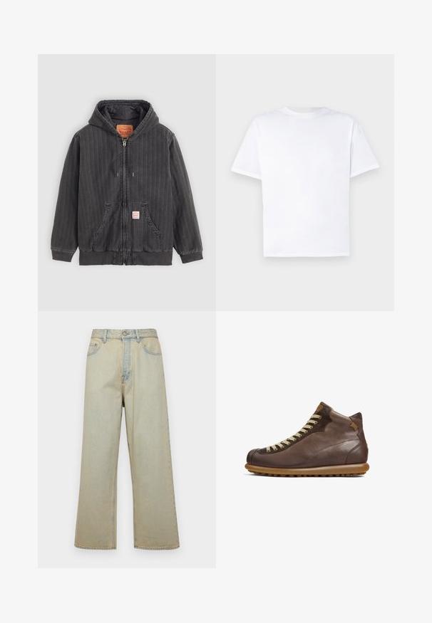 Chaqueta con capucha a rayas negras, con cierre frontal de cremallera, dos bolsillos delanteros, puños acanalados y un forro acolchado. Presenta una etiqueta de la marca en el pecho.; Camiseta de algodón blanca con cuello redondo y mangas cortas. Textura suave, corte recto, sin patrones ni acentos. Vista trasera únicamente.; Jeans de pierna ancha de color azul claro, fabricados en denim con un acabado desgastado. Cuenta con cinco bolsillos y un cierre frontal de botón.; Camper PELOTAS ARIEL - Botines con cordones - dunkelbraun