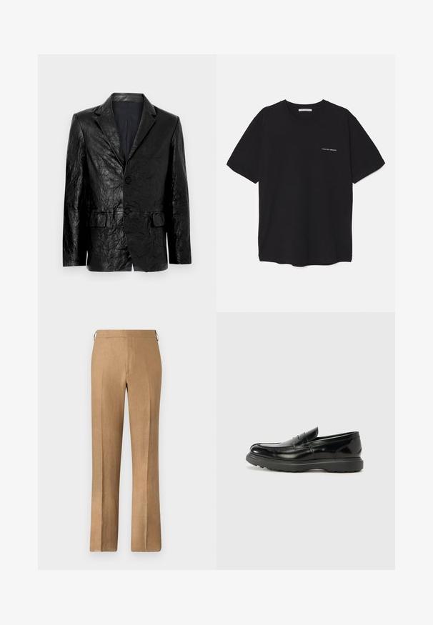 Czarny, pomarszczony żakiet z wycięciem na klapie, dwoma guzikami i dwiema przednimi kieszeniami. Gładkie podszycie wewnętrzne. Ustrukturyzowany, dopasowany fason.; Czarny bawełniany T-shirt z okrągłym dekoltem, krótkimi rękawami i białym nadrukiem logo na lewej piersi. Prosty, jednolity kolor.; Brązowe lniane spodnie o prostym kroju, z gładką fakturą, ukrytą talią i bez widocznych kieszeni.; Czarne skórzane mokasyny o błyszczącym wykończeniu, zaokrąglonym nosku, subtelnych detalach szycia i grubym gumowym spodzie dla trwałości.