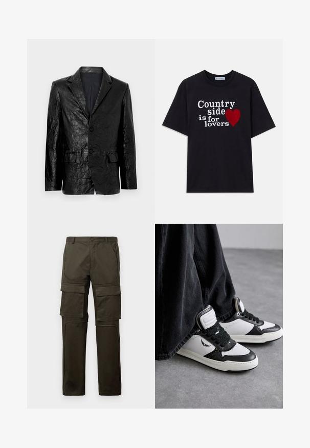 Juodas, susipliušęs švarkas su išpjovos apykakle, dviem mygtukais ir dviem priekiniais kišenėmis. Lygus vidinis pamušalas. Struktūruotas, pritaikytas dizainas.; Juodas trumpomis rankovėmis marškinėliai su balta užrašu "Kaime gyvenantiems" ir raudonu širdies grafiku priekyje.; Tamsiai alyvuogių spalvos cargo kelnės su keliomis didelėmis priekinėmis ir šlaunų kišenėmis, sagčių uždarymu ir siūtomis kelių panelėmis ant baltos fono.; Juodos ir baltos aukštos sportinės bateliai su tekstūruotais juodais raišteliais, pagaminti iš odos ir sintetinių medžiagų, su logotipu šone.