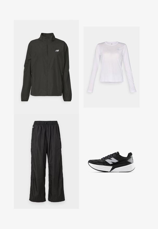 Fekete, könnyű, cipzáras dzseki álló gallérral, elasztikus mandzsettákkal, oldalsó zsebekkel és egy kis fehér New Balance logóval a mellkason.; New Balance ATHLETICS LONG SLEEVE - Hosszú ujjú felső - taro heather; Fekete, könnyű nejlon edzőnadrág, rugalmas derékkal és laza, egyenes szabású fitnesz stílusban, egy sima fehér háttér előtt bemutatva.; Fekete-fehér New Balance futócipő vastag talppal, hálós felsőrésszel és "N" logóval az oldalon, külső nézetből.
