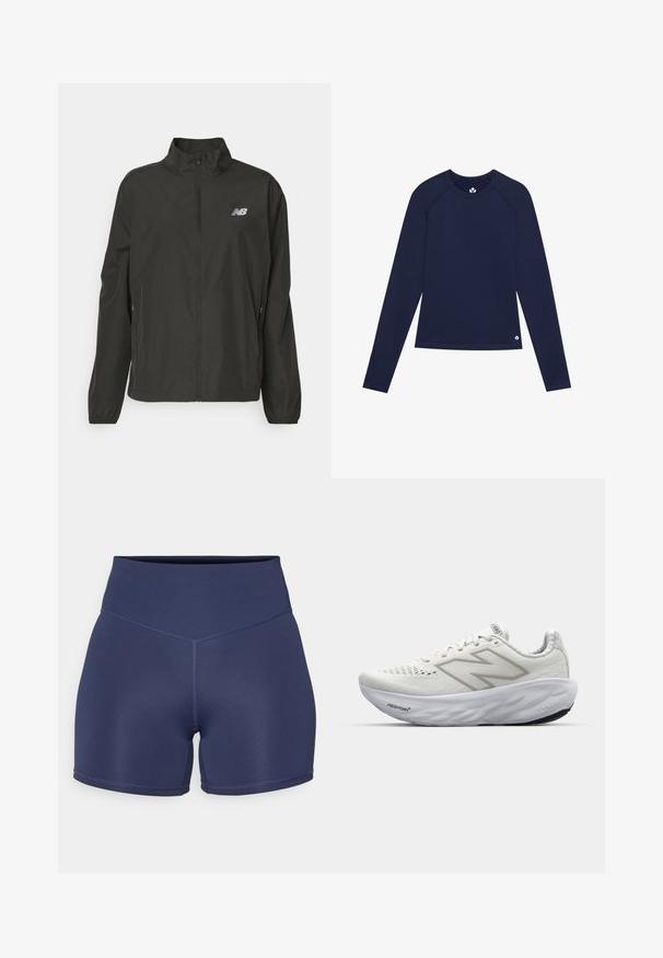 Veste noire légère zippée avec col montant, poignets élastiques, poches latérales et petit logo New Balance blanc sur la poitrine.; Chemise à manches longues navy en tissu extensible, avec un col arrondi, des manches raglan et un petit logo près de l'ourlet.; Shorts de sport bleu marine en matériau extensible, dotés d'une taille haute, avec des coutures sans couture et un design ajusté.; Baskets de sport blanches avec une tige en mesh, dotées d'un col rembourré, d'une semelle texturée et du marquage "Fresh Foam" sur la semelle intermédiaire.