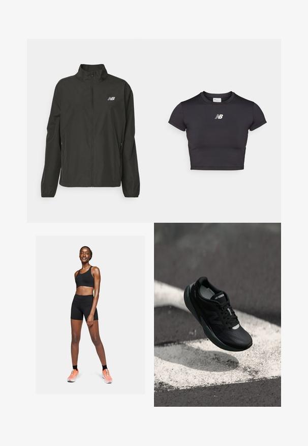 Black lightweight zip-up jacket with stand collar, elastic cuffs, side pockets, and small white New Balance logo on the chest.; Black cropped athletic t-shirt with short sleeves, made of stretchy fabric. Features a white logo on the front, rounded neckline, and a fitted design.; Black sports bra and shorts made from stretchy material, featuring fitted design. Orange and white athletic shoes complement the outfit.; Black running shoe with a textured upper, sleek design, and reflective accents. Features a soft, cushioned sole for comfort.
