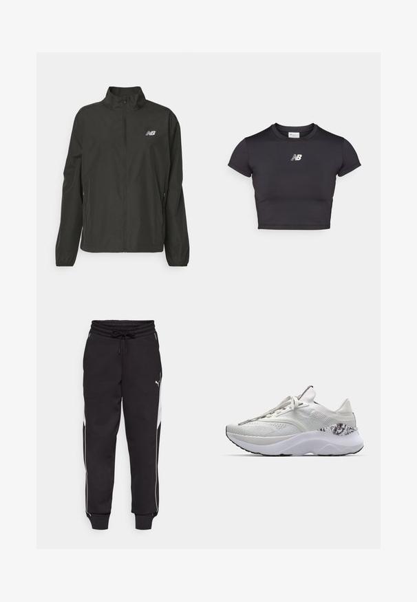 Svart lett jakke med glidelås og ståkrage, elastiske mansjetter, sidelommer og liten hvit New Balance-logo på brystet.; Svart, kortermet treningstopp laget av elastisk stoff. Har en hvit logo på forsiden, rund halslinning og en tettsittende design.; Svarte joggebukser med elastisk midje og snor, med hvite sidestreker og en smalere ben-design. Materialet ser mykt ut.; Hvit treningssko med en teksturert overdel, rund tå og en dempet såle. Har et mønstrete aksent nær hælen og flate lisser.