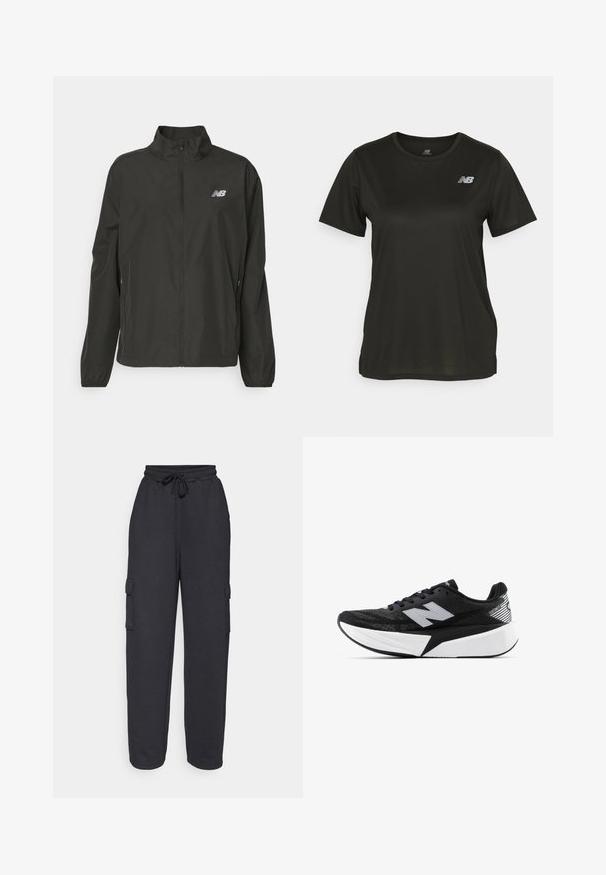 Zwarte lichtgewicht jack met ritssluiting en staande kraag, elastische manchetten, zijzakken en klein wit New Balance-logo op de borst.; Zwarte T-shirt met korte mouwen van gladde stof, met een ronde halslijn en een reflecterende witte logo op de linkerkant van de borst.; Zwarte katoenen cargobroek met een elastische tailleband en trekkoord. Beschikt over twee zijzakken met flapsluitingen op de dijen.; Zwart-witte New Balance hardloopschoen met een dikke zool, bovenwerk van mesh en het "N"-logo aan de zijkant, bekeken vanaf de buitenzijde.