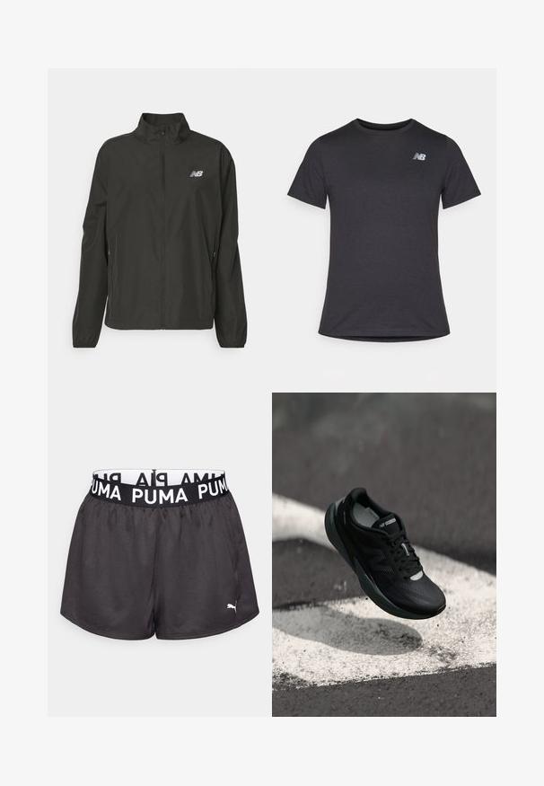 Svart lett jakke med glidelås og ståkrage, elastiske mansjetter, sidelommer og liten hvit New Balance-logo på brystet.; Svart kortermet t-skjorte laget av myk stoff, med en liten grå New Balance-logo på øvre venstre bryst, klassisk rund hals design.; Sorte atletiske shorts med elastisk midje som har hvit "PUMA" merking, laget av et glatt, lett materiale.; Svart løpesko med teksturert overdel, slank design og reflekterende detaljer. Har en myk, polstret såle for komfort.