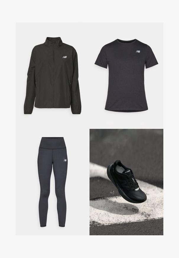 Svart lett jakke med glidelås og ståkrage, elastiske mansjetter, sidelommer og liten hvit New Balance-logo på brystet.; Svart kortermet t-skjorte laget av myk stoff, med en liten grå New Balance-logo på øvre venstre bryst, klassisk rund hals design.; Svarte treningsleggings med høyt liv og elastisk materiale. Har en liten hvit logo på venstre side og flate sømmer.; Svart løpesko med teksturert overdel, slank design og reflekterende detaljer. Har en myk, polstret såle for komfort.