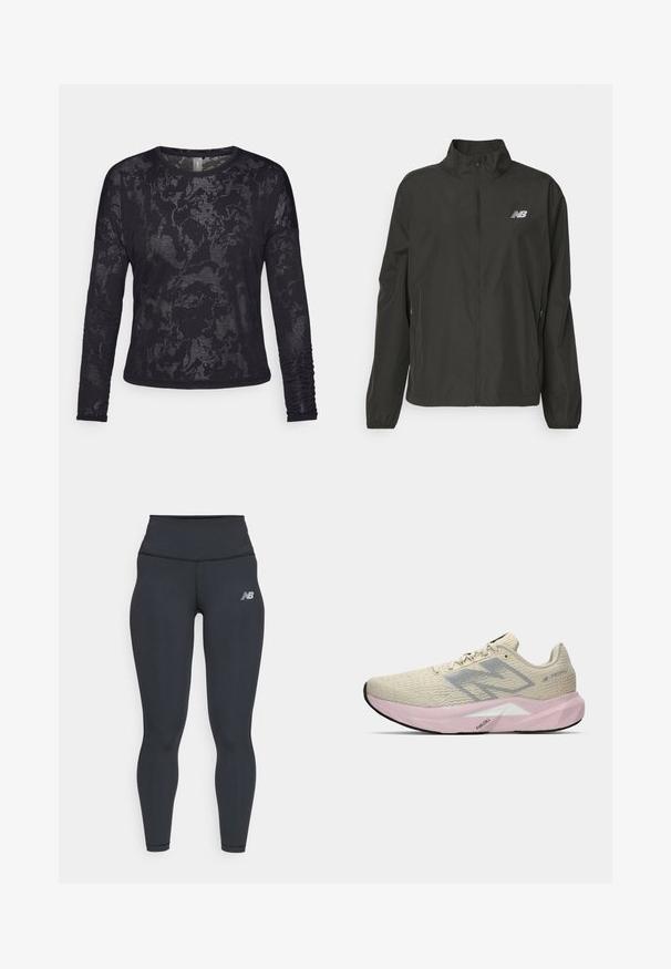 Schwarze leichte Zip-Jacke mit Stehkragen, elastischen Bündchen, seitlichen Taschen und kleinem weißen New Balance-Logo auf der Brust.; Schwarzes Langarmshirt aus strukturiertem Stoff mit einem subtilen Muster. Mit rundem Ausschnitt und gerafften Details an den Ärmeln.; Schwarze Sportleggings mit hohem Bund, die über eine glatte Textur und ein kleines weißes New Balance-Logo am Oberschenkel verfügt.; Helle beige Laufsschuh mit grauem "N"-Logo, pinker Sohle mit der Bezeichnung "FuelCell" und strukturiertem Fersenbereich, auf einem weißen Hintergrund präsentiert.