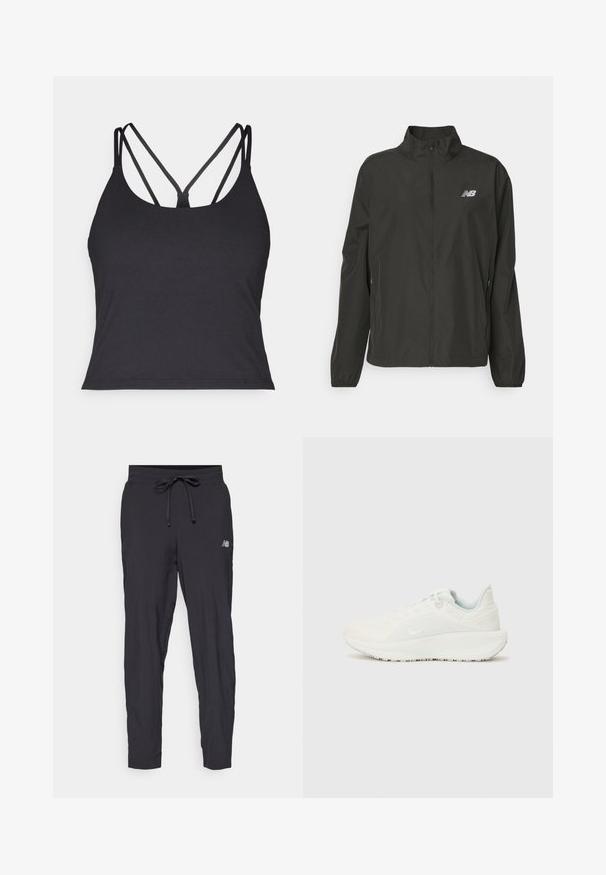 Veste noire légère zippée avec col montant, poignets élastiques, poches latérales et petit logo New Balance blanc sur la poitrine.; Débardeur noir avec de fines bretelles et un design croisé dans le dos. Fabriqué en matériau doux et extensible avec une silhouette ajustée.; Pantalons de jogging noirs en matériau léger avec une taille élastique et un cordon de serrage ajustable. Présente un petit logo sur le côté.; Baskets de sport blanches avec un dessus texturé, un col rembourré et un système de laçage. Elles disposent d'une semelle incurvée et d'un logo discret sur le côté.