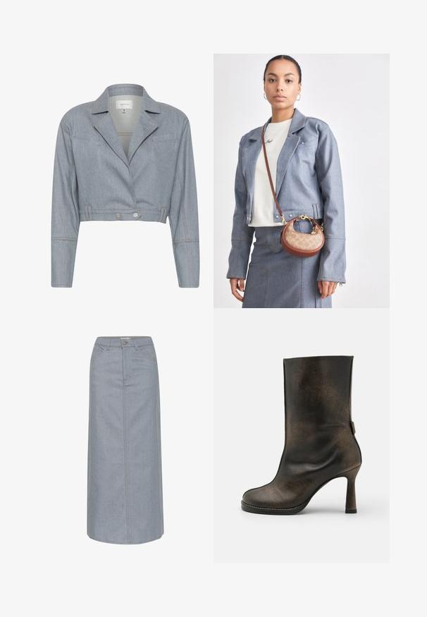 Lyhyttaskuinen vaaleansinen farkkutakki, jossa on viiltohelma, etutaskut ja hopeiset napit. Sileä kangas, jossa on näkyvissä ompeleet.; Valkoinen puuvillapusero, jossa on pyöreä pääntie, laskeutuvat olkapäät, resorit hihoissa ja musta brodeerattu "Boss" -logo rinnassa.; Vaaleansininen farkkuhame, polvipituinen, suora leikkaus, viisi taskua, nappikiinnitys ja erottuva ompelu.; Samsøe Samsøe FRANKA ANKLE - Korolliset nilkkurit - washed black olive; Pieni ruskea ja beige käsilaukku, jossa on klassinen logokuosi, kultaiset yksityiskohdat ja kaareva muoto, yhdistettynä farkkutakkiin ja hameeseen.