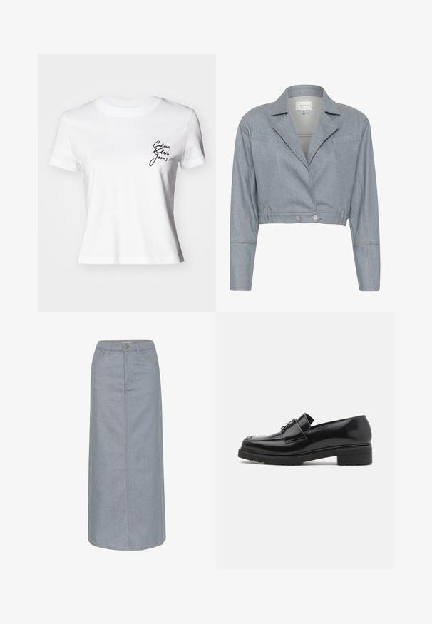 Cropped denim jacket in light blue, featuring a notched collar, front pockets, and silver button accents. Smooth fabric with visible stitching.; White cotton t-shirt with short sleeves, featuring a round neckline and a black cursive logo on the left chest. Straight hem.; Denim skirt in light blue, knee-length, featuring a straight cut, five pockets, button closure, and contrasting stitching details.; Black polished leather loafer with low block heel, stitched toe, and metal buckle detail on upper, shown in side profile on white background.