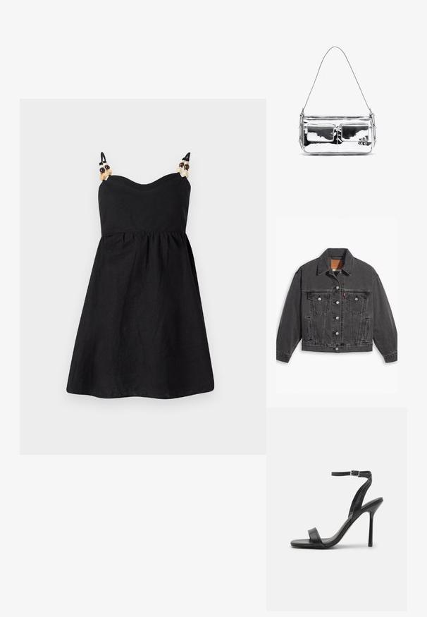 Fekete farmerdzseki, galléros nyakkal, gombos záródással, két mellzsebbel és enyhén kopott textúrával. Klasszikus design, testhezálló fazonnal.; Fekete vászonruha testhez álló felsőrésszel és bővülő szoknyával. Karcsú pántok, amelyek díszes gyöngyökkel vannak díszítve a vállaknál. Sima textúra.; Fekete, magas sarkú szandál, vékony bokapánttal és két elülső pánttal. Simább bőrből készült, elegáns hegyes orral és stiletto sarkal.; Ezüst fémből készült válltáska, két elülső zsebbel, sima textúrával, varrásos részletekkel és egyetlen levehető pánttal. Kompakt, téglalap alakú.