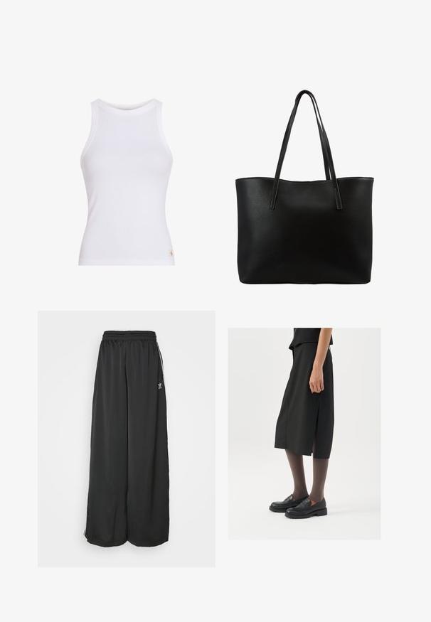 Black denim jacket with a collared neck, button closures, two chest pockets, and a slightly distressed texture. Classic design with tailored fit.; Calvin Klein Jeans LABEL TANK - Top - bright white; Black loose-fitting track pants made of smooth fabric. Features an elastic waistband and side stripes with logo accents.; Black knee-length skirt with side slit, paired with black loafers and sheer brown tights, featuring a smooth fabric and simple design.; Black tote bag with a textured leather exterior, tall rectangular shape, two long handles, and an open top design. No visible hardware.