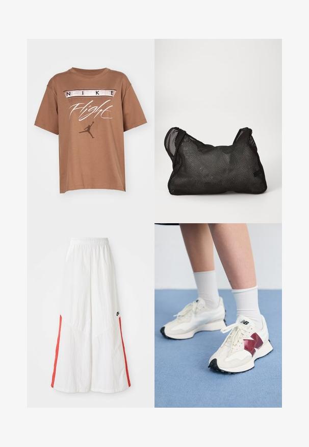 Hvit vindjakke med røde vertikale striper og snor i kanten. Har høy hals og glidelås foran. Nike-logo på brystet.; Jordan JORDAN FLIGHT HERITAGE - T-shirts med print - archaeo brown; Hvite vide bukser med elastisk midje, med røde sidepaneler og en liten svart logo på venstre side. Teksturgarn.; Par med hvite joggesko med bordeaux detaljer, teksturerte paneler, flat svart yttersåle og lette snøringer, iført hvite ankelstrømper.; Svart nettpose med en myk, teksturert overflate og rund form. Har to håndtak og et romslig indre. Lettvekts- og pustende design.