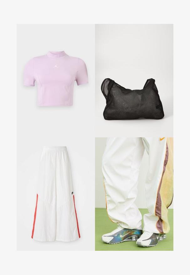 Valkoinen tuulitakki punaisilla pystysuorilla raidoilla sekä kiristettävällä helmalla. Takissa on pystykaulus ja etuvetoketju. Nike-logo rinnassa.; Lyhyet hihat ja vartalonmyötäinen yläosa vaaleanpurppuraisena, valmistettu joustavasta kankaasta. Varustettu korkealla kauluksella ja valkoisella logolla rinnassa. Sujuva pinta.; Valkoiset leveät housut, joissa on elastinen vyötärö, punaiset sivupaneelit ja pieni musta logo vasemmalla puolella. Teksturoitu kangas.; Valkoiset kevyet urheiluhousut, joissa on oransseja ja ruskeita yksityiskohtia, yhdistettyinä hopeisiin ja valkoisiin Nike-tennareihin, joissa on heijastava suunnittelu ja näkyvät ilmapodit.; Musta verkkokassi, jossa on pehmeä, tekstuuripintainen ja pyöreä muoto. Varustettu kahdella kahvalla ja tilavalla sisätilalla. Kevyt ja hengittävä muotoilu.
