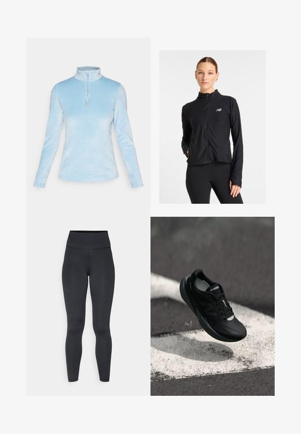 Černá zipová bunda vyrobená z lehkého materiálu, s vysokým límcem, dlouhými rukávy a malým logem na levé straně hrudi.; Spyder SHIMMER BUG 1/2 ZIP - Fleecová mikina - blue drift; Černé legíny s vysokým pasem vyrobené z elastického materiálu, s hladkým povrchem a přiléhavým střihem, s minimem švů.; Černá běžecká bota s texturovaným svrškem, elegantním designem a reflexními akcenty. Nabízí měkkou, polstrovanou podrážku pro pohodlí.