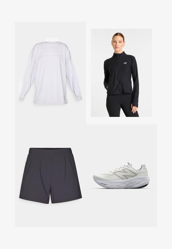 Zwarte zip-up jack gemaakt van een lichtgewicht stof, met een hoge kraag, lange mouwen en een klein logo op de linkerkant van de borst.; Witte oversized sweatshirt met lange mouwen, ronde halslijn en subtiele grijze opdruk van de tekst "ATHLEISURE" op de borst. Zachte stoffen textuur.; Zwarte sportieve shorts van een lichtgewicht, rekbaar materiaal. Voorzien van een elastische tailleband en een eenvoudig, onversierd ontwerp.; Witte sportschoenen met een bovenwerk van mesh, voorzien van een gevoerde kraag, een gestructureerde zool en de merknaam "Fresh Foam" op de tussenzool.