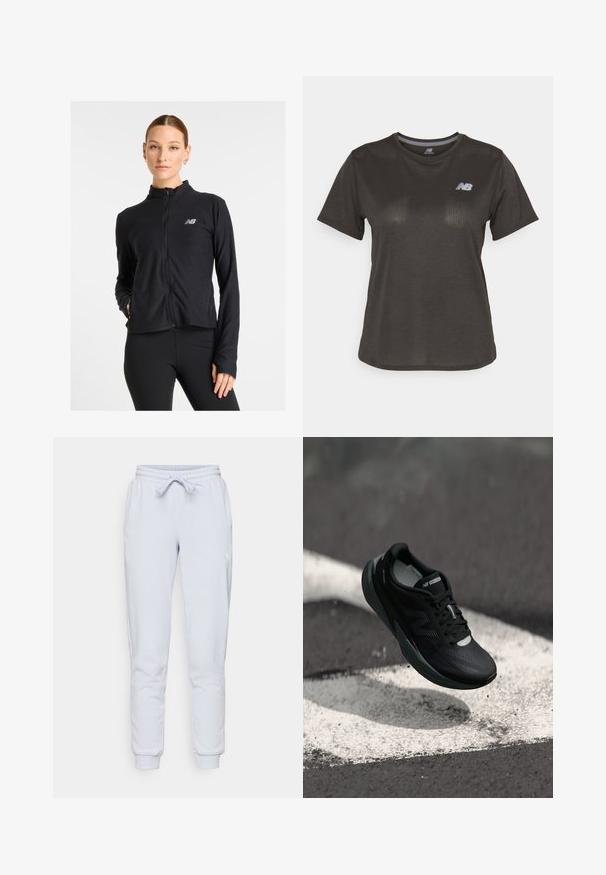 Schwarze Zip-Jacke aus leichtem Material, mit hohem Kragen, langen Ärmeln und einem kleinen Logo auf der linken Brust.; Schwarzes Sport-T-Shirt mit kurzen Ärmeln, aus leichtem Stoff hergestellt. Verfügt über ein dezentes strukturiertes Muster und ein kleines weißes Logo auf der Brust.; Hellblaue Sweatpants mit elastischem Bund und Kordelzug. Hergestellt aus weichem Stoff mit schmal zulaufendem Beinschnitt. Weißes Logo-Detail an der Seite.; Schwarzer Laufschuh mit strukturiertem Obermaterial, schlankem Design und reflektierenden Akzenten. Verfügt über eine weiche, gepolsterte Sohle für Komfort.