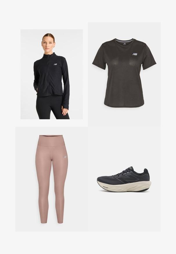 Čierna bunda na zips vyrobená z ľahkého materiálu, s vysokým golierom, dlhými rukávmi a malým logom na ľavej hrudi.; Čierne športové tričko s krátkymi rukávmi, vyrobené z ľahkej tkaniny. Má jemný štruktúrovaný vzor a malé biele logo na hrudi.; New Balance HARMONY HIGH RISE - Legíny - earth shadow; Čierne športové topánky s priedušným zvrškom, textúrovanou tkaninou, reflexnými akcentmi a polstrovanou bielou medzipodrážkou so viditeľným logom značky.
