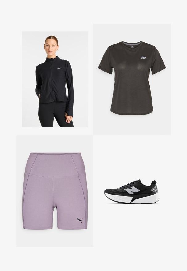 Musta vetoketjullinen takki, joka on valmistettu kevyestä kankaasta, ja siinä on korkea kaulus, pitkät hihat sekä pieni logo vasemmassa rinnassa.; Musta urheilupaita lyhyillä hihoilla, valmistettu kevyestä kankaasta. Sisältää hillittyä tekstuurikuviointia ja pienen valkoisen logon rinnassa.; Lila urheilushortsit, jotka on valmistettu joustavasta kankaasta, korkealla vyötäröllä, litteillä saumoilla ja pienellä mustalla logolla vasemmalla puolella.; Mustat ja valkoiset New Balance -juoksukengät, joissa on paksu pohja, verkkomateriaali päällä ja "N"-logo sivulla, nähtynä ulkopuolelta.