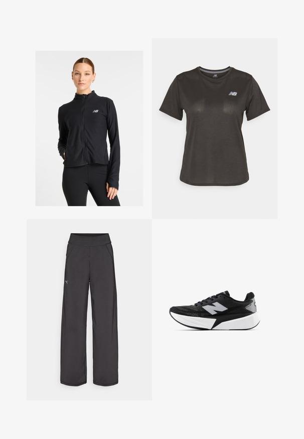 Fekete cipzáras dzseki, könnyű anyagból készült, magas gallérral, hosszú ujjakkal és egy kis logóval a bal mellen.; Fekete sportpóló rövid ujjal, könnyű anyagból készült. Finoman texturált mintázattal és egy kis fehér logóval a mellkason.; Fekete sportnadrág széles derékpánttal, oldalsó zsebekkel és sík varratokkal. A bal lábon található egy kis logó. Sima, rugalmas anyagból készült.; Fekete-fehér New Balance futócipő vastag talppal, hálós felsőrésszel és "N" logóval az oldalon, külső nézetből.
