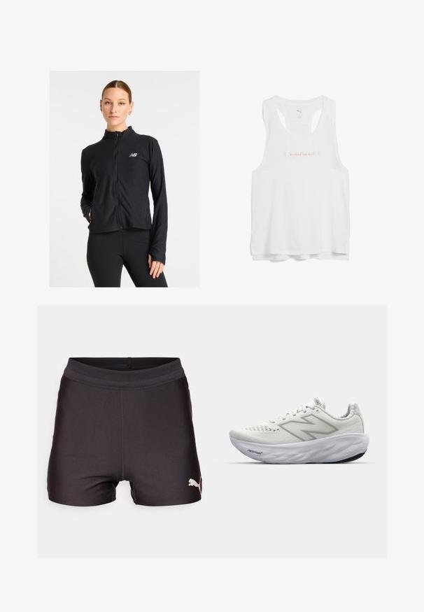 Sort bæltetaske lavet af et letvægtsstof, med høj krave, lange ærmer og et lille logo på venstre bryst.; Hvid trænings tanktop med rund hals, racerback-design og teksten "PUSHING THE PACE" i pink over brystet.; Sort atletiske shorts i et glat, strækbart stof med en mesh-linning og et gyldent Puma-logo nederst til venstre.; Hvide sportssko med en mesh-overdel, der har en polstret krave, struktureret sål og "Fresh Foam" branding på mellemsålen.