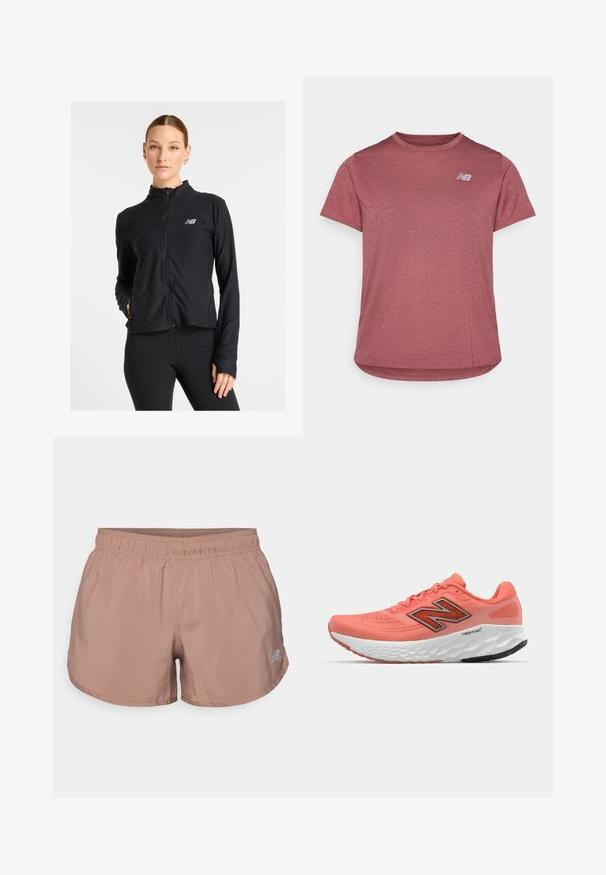 Svart zip-up jacka i ett lätt material, med hög krage, långa ärmar och en liten logotyp på vänster bröst.; Röd kortärmad T-shirt gjord av andningsbart tyg. Har en rund hals och en logotyp på övre vänstra sidan. Slät, lätt textur.; Ljust bruna träningsshorts med resårmidja och en liten reflekterande logotyp på sidan. Tillverkade av ett smidigt, lätt tyg.; Korall löparskor med mesh-överkant, djärvt svart logotyp, vadderad tunga och texturerad vit mellansula. Har en flexibel gummisula.