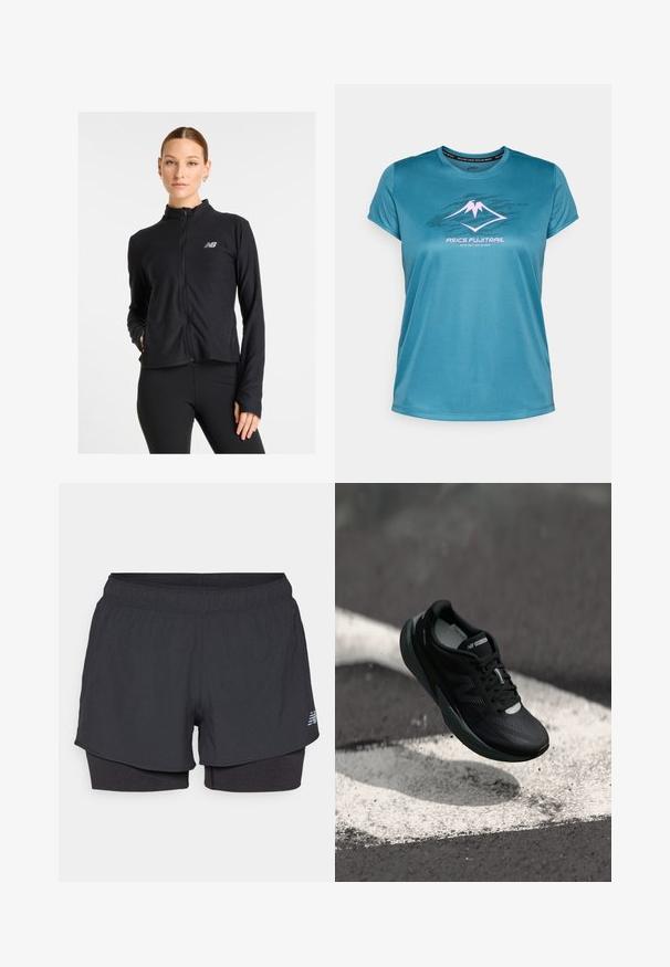 Čierna bunda na zips vyrobená z ľahkého materiálu, s vysokým golierom, dlhými rukávmi a malým logom na ľavej hrudi.; Tyrkysové krátkosti rukávové športové tričko z hladkého materiálu, s grafikou hory v ružovej farbe a textom "ASICS FUJITRAIL" nižšie.; Čierne športové šortky s vnútornou podšívkou, majú elastický pás, hladkú textúru a reflexné logo na boku.; Čierne bežecké topánky s textúrovaným zvrškom, štíhlym dizajnom a reflexnými detailmi. Obsahujú mäkkú, odpruženú podrážku pre maximálne pohodlie.
