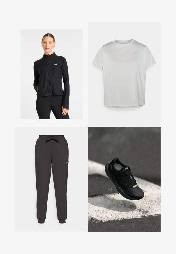 Zwarte zip-up jack gemaakt van een lichtgewicht stof, met een hoge kraag, lange mouwen en een klein logo op de linkerkant van de borst.; Lichtgrijs, korte mouwen sport t-shirt van een gestructureerde mesh stof met een subtiele blauwe logo aan de voorkant. Ronde zoom aan de onderkant.; Zwarte joggingsbroek van zacht materiaal, met een elastische tailleband met een trekkoord en geribde boorden. Witte logo-detail op de zijkant.; Zwarte hardloopschoen met een gestructureerde bovenkant, slank ontwerp en reflecterende accenten. Heeft een zachte, gevoerde zool voor comfort.