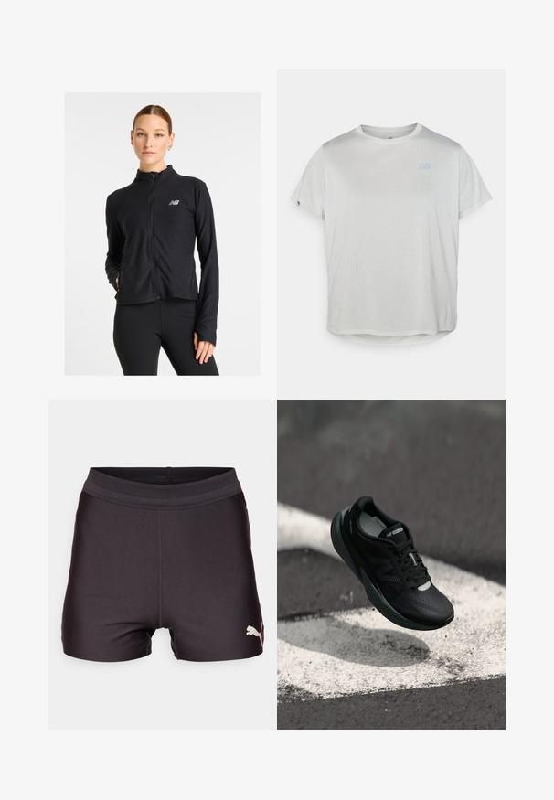 Juodas užtrauktuku užsegamas džemperis, pagamintas iš lengvos medžiagos, su aukštu apykaklė, ilgomis rankovėmis ir mažuoju logotipu kairėje krūtinės pusėje.; Šviesiai pilka, trumpomis rankovėmis sportinė marškinėlių su tekstūruotu tinkleliu ir subtiliu mėlynu logotipu priekyje. Apvalus apatinis kraštas.; Juodi sportiniai šortai iš lygaus, elastingo audinio, su tinkline juosmens juosta ir auksiniu Puma logotipu kairėje apatinėje pusėje.; Juodas bėgimo batelis su tekstūruotu viršumi, elegantišku dizainu ir atspindinčiomis detalėmis. Yra minkštas, paminkštintas padas patogumui.